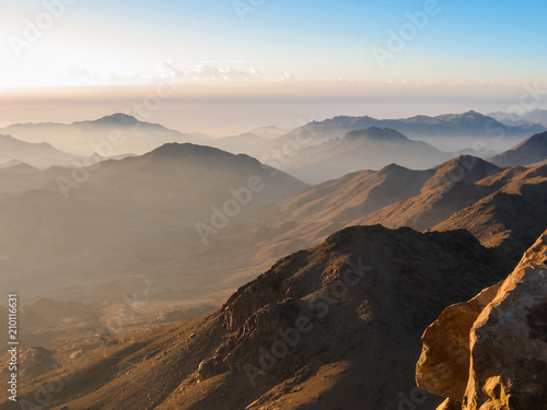 Spectacular aerial view of the holy summit of Mount Sinai, Aka Jebel Musa, 2285 meters, at sunrise, Sinai Peninsula in Egypt.