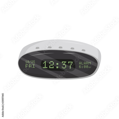 Digital alarm clock with black display and green numerals. Modern technology. Flat vector design for promo poster or banner