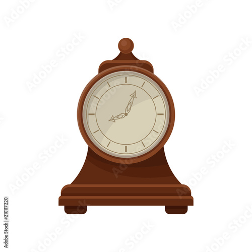 Flat vector icon of retro wooden desk clock with round dial. Interior decor element. Design for banner or poster of antiques shop