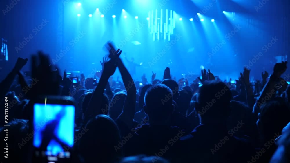 custom made wallpaper toronto digitalYoung people crowd cheering enjoy listen to music concert, spectators silhouettes in the light