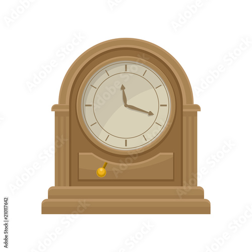 Icon of antique wooden table clock with golden pendulum. Home decor item. Flat vecror for promo poster of antiques or souvenir shop