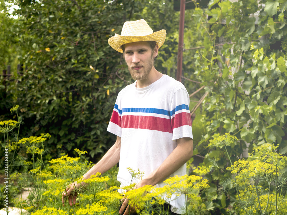 young gardener in summer hat standing near the herbs in garden