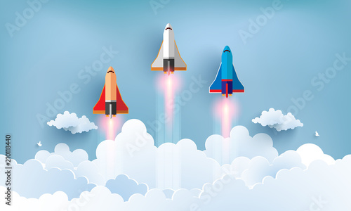 illustration of the shuttle. flying across beautiful clouds at full speed. paper art design