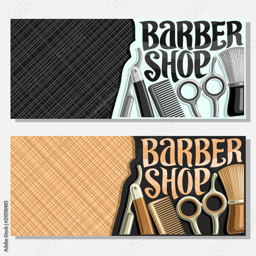 Vector banners for Barber Shop with copy space, professional beauty accessories, original brush typeface for words barber shop, elegant flyers for barbershop salon with abstract background for text.