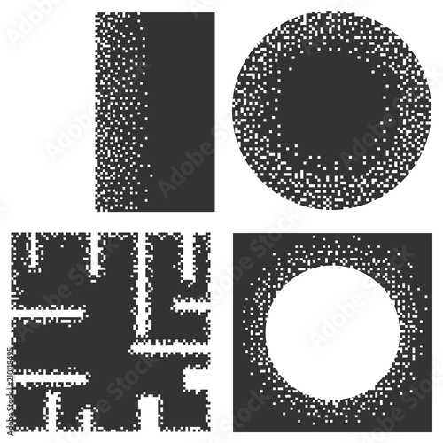 Black pixels on a white background, a set of shapes from black pixels on white
