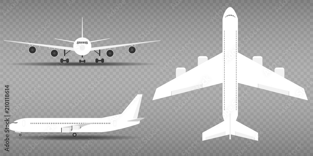 Airplane, realistic white airplane on a gray background. The plane is on three sides.