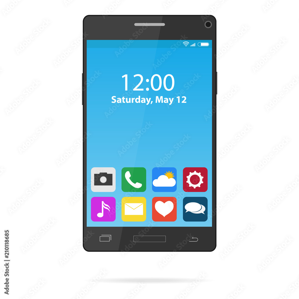 A smartphone with icons and tabs. A realistic smartphone with icons of applications. A smartphone with icons and tabs. A realistic smartphone with icons of applications.