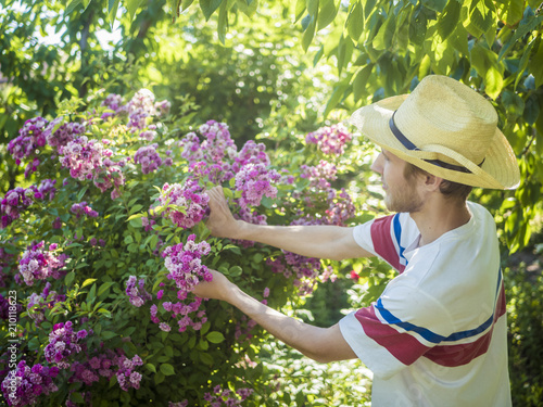young male florist in summer hat working in garden with flowers