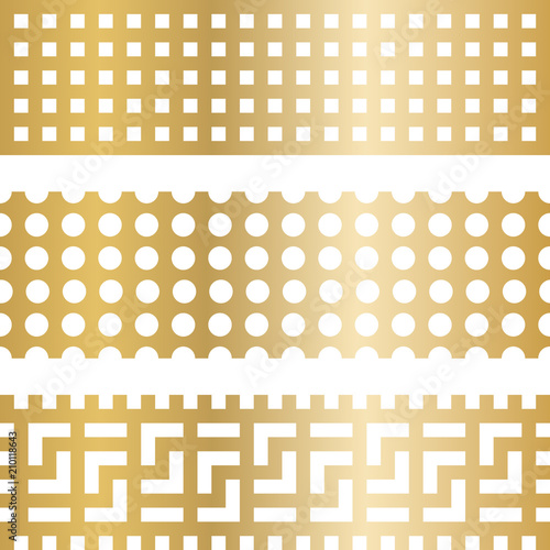 Textures of golden metal with holes. Rectangles are gold in color with holes of different shapes