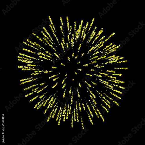 Firework isolated. Beautiful salute on black background. Bright firework decoration for Christmas card, Happy New Year celebration, anniversary, festival. Vector illustration