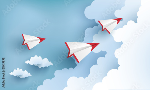 paper airplanes flying across clouds. design paper art and crafts