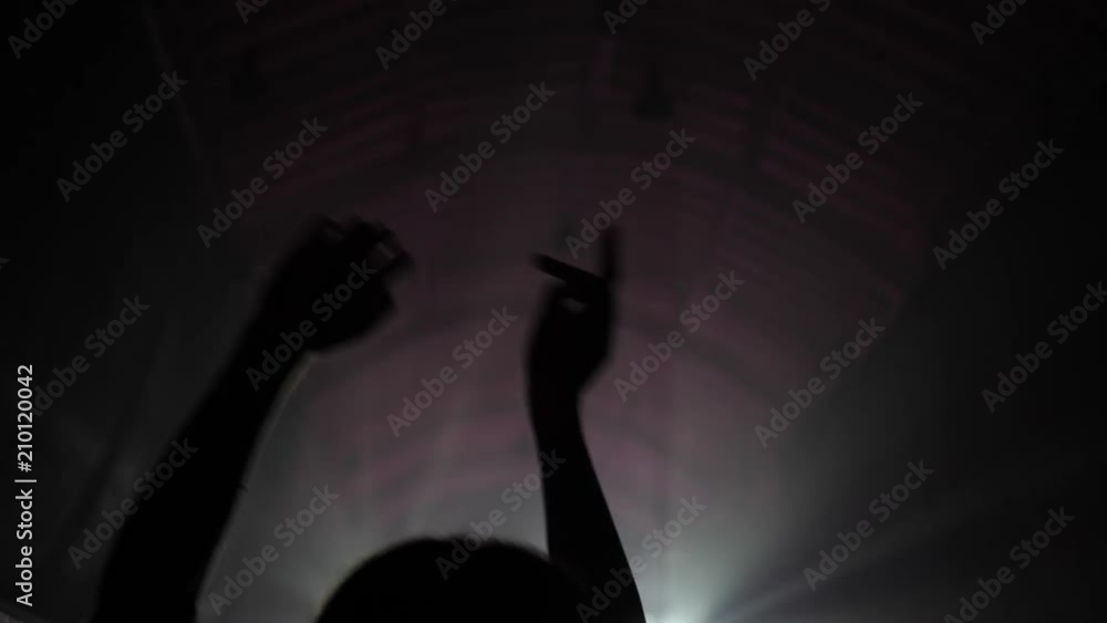 Spectator fan girl silhouette dance raise hands enjoy listen to music concert in light lumiere