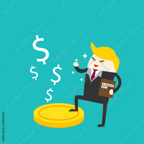 Young happy Business man stan on money coin with icon of business and creativity. Business investment growth concept. start up - vector illustration