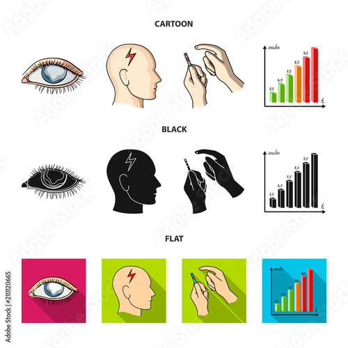 Poor vision, headache, glucose test, insulin dependence. Diabetic set collection icons in cartoon,black,flat style vector symbol stock illustration web.