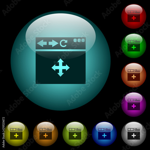 Browser drag and drop icons in color illuminated glass buttons