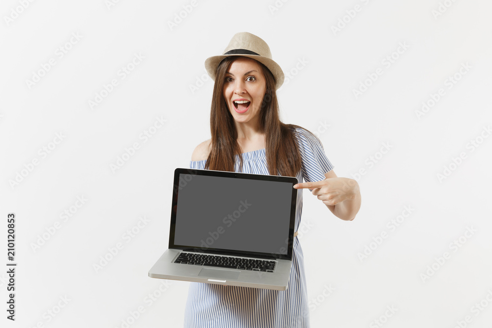 Young woman holding modern laptop pc computer with blank black empty screen to copy space isolated on white background. People freelance business, lifestyle, online shopping concept. Mobile Office. Young woman holding modern laptop pc computer with blank black empty screen to copy space isolated on white background. People freelance business, lifestyle, online shopping concept. Mobile Office.