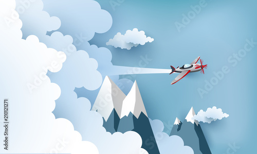 illustration of an airplane over a clouds and mountains.