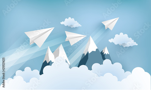 illustration of an airplane over a clouds and mountains.