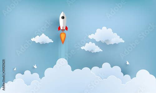 Fotografie, Obraz rocket illustration flying over cloud