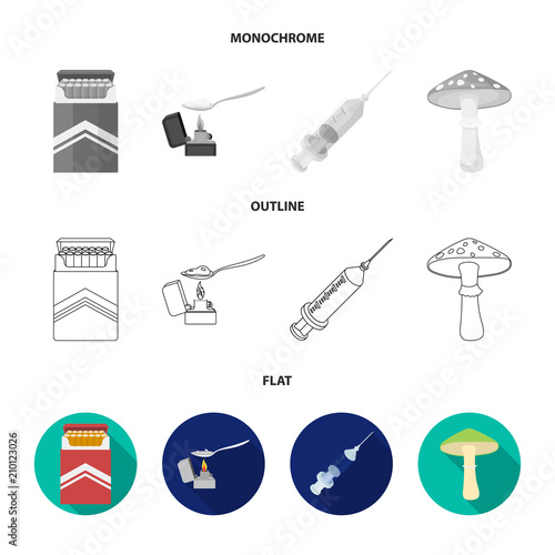 Cigarettes, a syringe, a galoyucinogenic fungus, heroin in a spoon.Drug set collection icons in flat,outline,monochrome style vector symbol stock illustration web.
