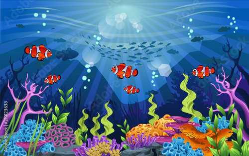 marine habitats and the beauty of coral. There are anemones, fish and reefs.
