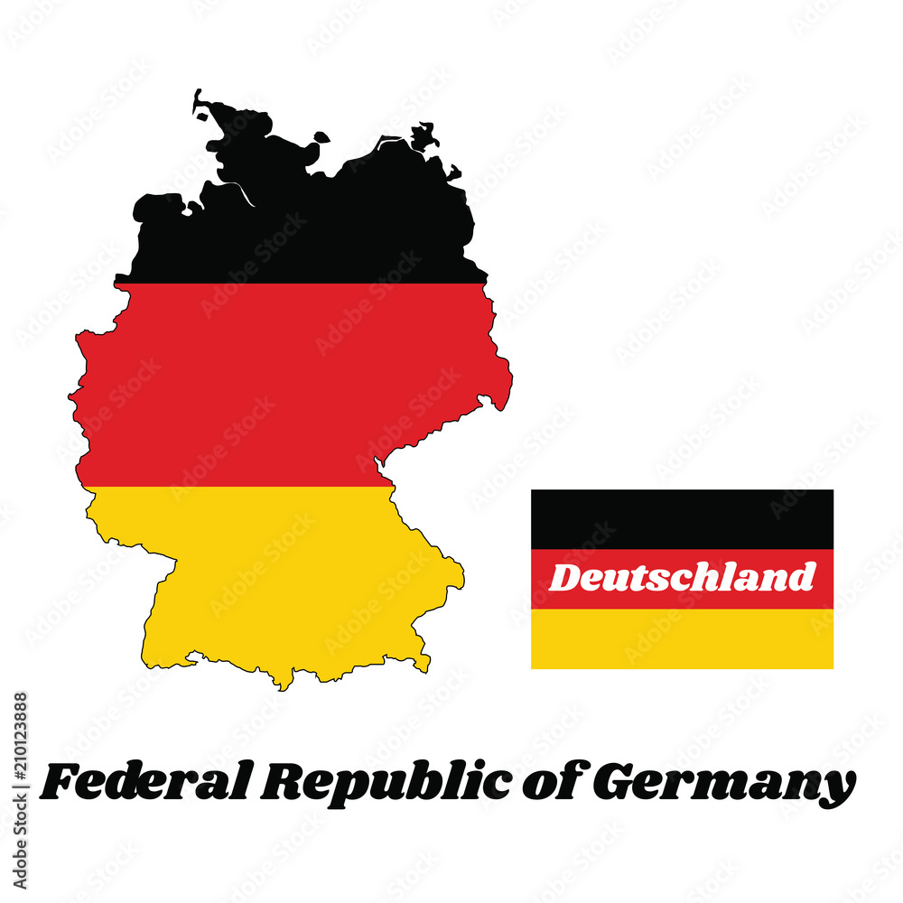 Map outline and flag of Germany in yellow red and black color with name text of Federal Republic of Germany and Deutschland. Map outline and flag of Germany in yellow red and black color with name text of Federal Republic of Germany and Deutschland.