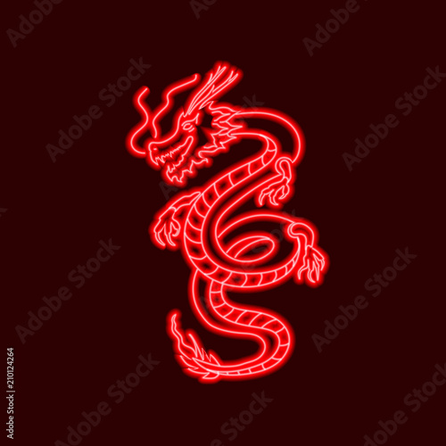 Vector Neon Oriental Dragon, Red Glowing Lines, Sign Template.