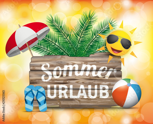 Sommerurlaub Strand mit Palmen, Holzschild und Flipflops 