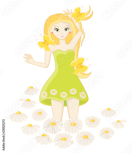 Princess among flowers. Cartoon character. Isolated on white background. Vector illustration.