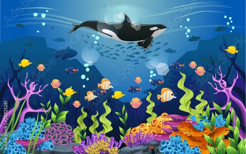 Obraz siedliska morskie i piękno koralowców. Są zawilce, ryby i rafy.