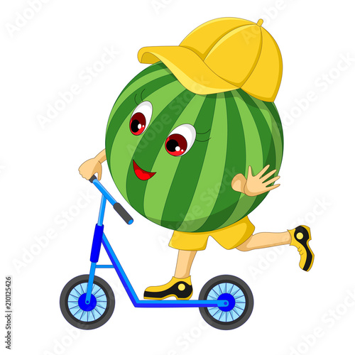 Watermelon on a scooter. Cartoon character. Isolated on white background. Vector illustration.