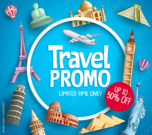 Travel promo vector banner promotion design with tourist destinations elements and discount text in blue background for travel agency template. Vector illustration.
