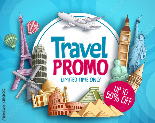 Travel promo vector banner design with world's famous tourist landmarks elements and white space for promotion text. Vector illustration.
