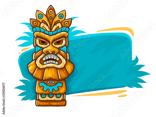 Banner with Tiki ethnic traditional tribal mask. Totem symbol
