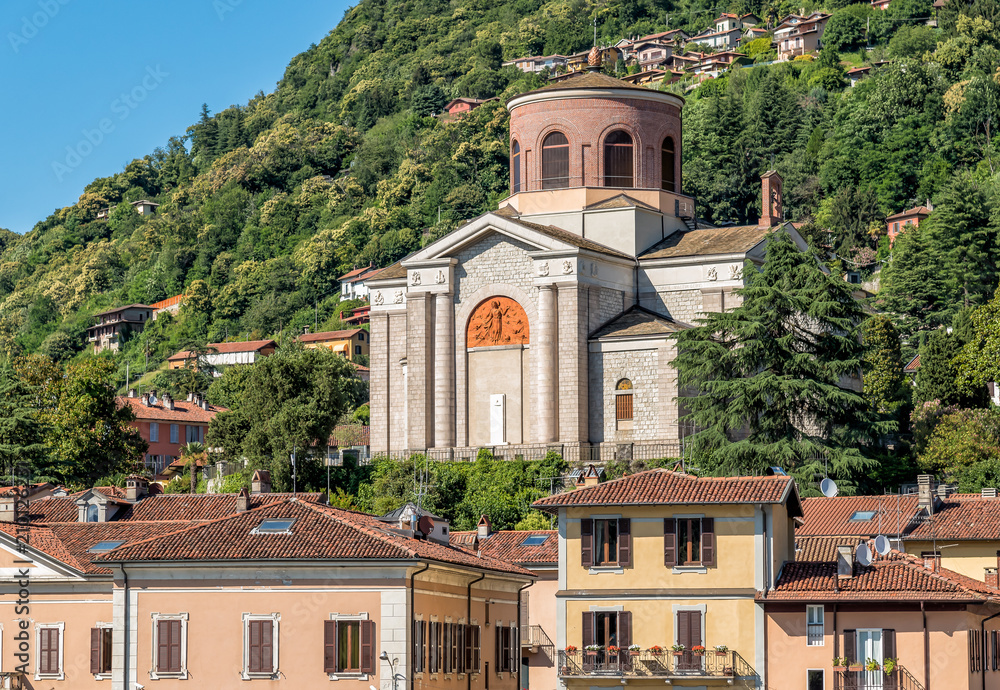 View of Sant Ambroggio church or new church in Laveno Mombello, province of Varese, Italy
