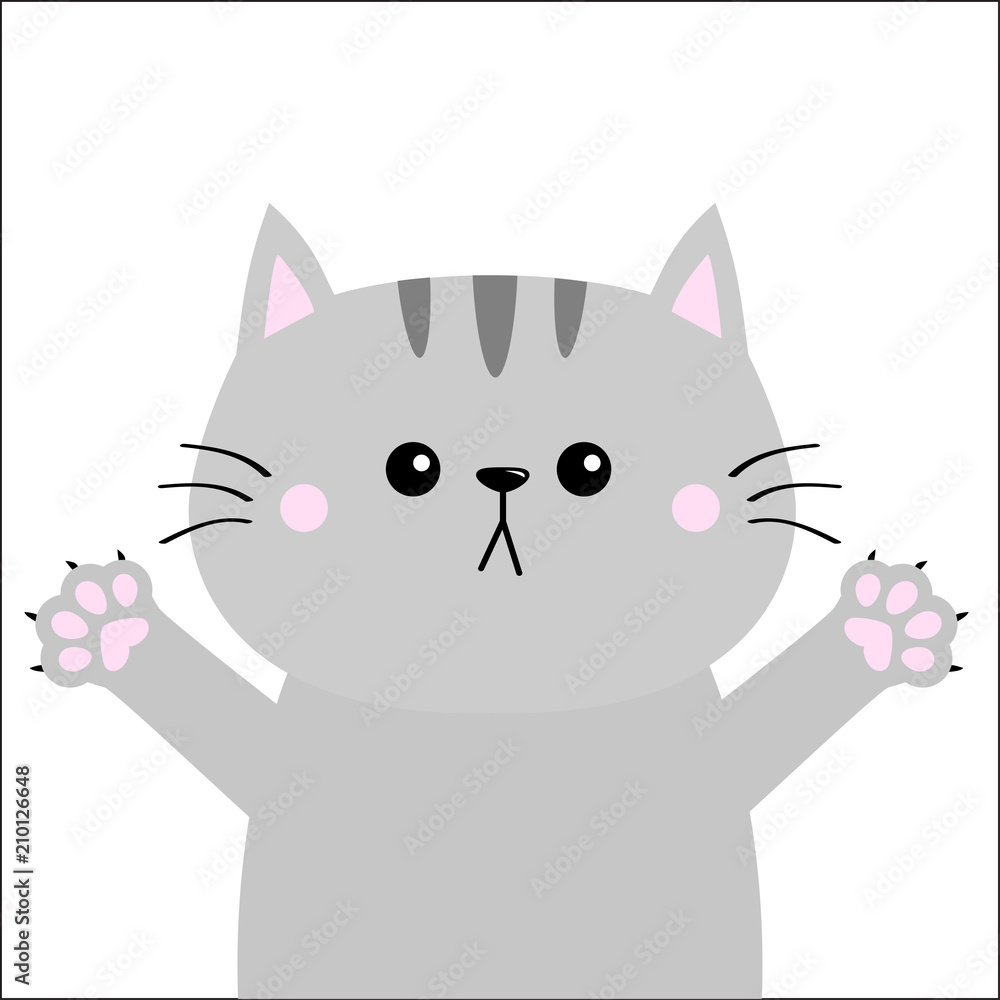 Gray cat ready for a hugging. Open hand pink paw print nails. Kitty reaching for a hug. Funny Kawaii animal. Baby card. Cute cartoon character. Pet collection. Flat design White background.