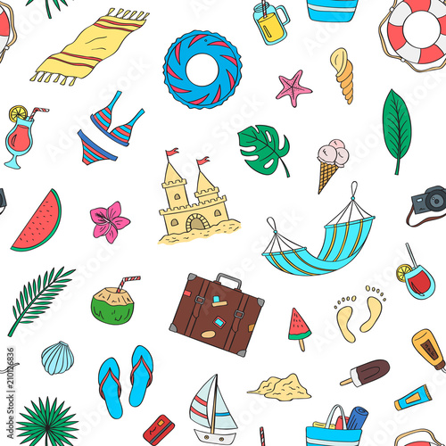 Hand drawn colored beach objects. Vector summer travel doodle elements pattern or background illustration