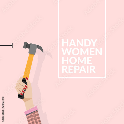 woman using hammer and nail on the wall isolated on pink background. do it yourself home repair by woman concept. vector illustration EPS10 with copy space , flat design
