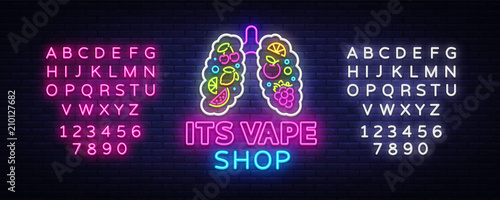 Vape shop neon sign vector. Vaping Store Logo Emblem Neon, Its Vape Shop Concept With Lungs and Fruits, Fighting Smoking. Trendy designer elements for advertising. Vector. Editing text neon sign