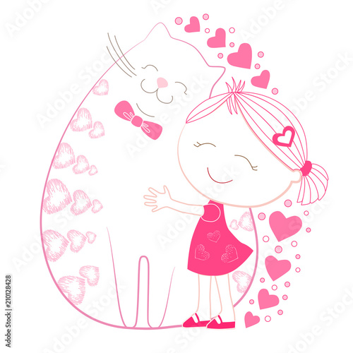 Little girl with big plump cat