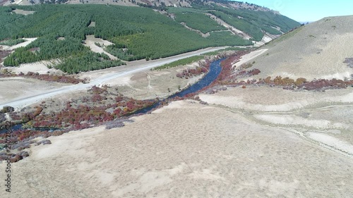 Aerial drone scene of Litran River. Araucarian woods and pine plantation. Villa Pehuenia - Moquehue. Patagonia Argentina. Camera with high point of view. photo