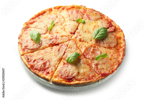 Tasty pepperoni pizza on white background