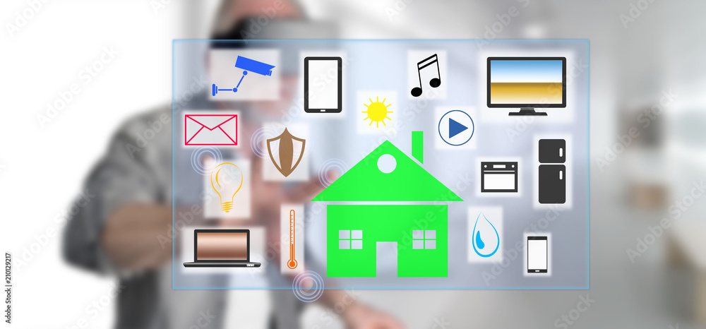 Man touching a smart home concept Man touching a smart home concept