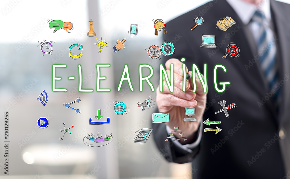 Man touching an e-learning concept Man touching an e-learning concept