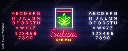 Marijuana Medical Logo Neon Vector. Sativa Medical, Marijuana smoking, storage and cultivation of cannabino medical equipment, light banner, design template. Vector. Editing text neon sign