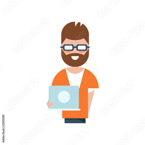 Professional programmer charatcter, smiling man holding laptop computer vector Illustration on a white background