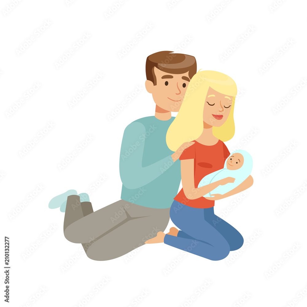 Parents embracing their newborn baby, happy family concept vector Illustration on a white background Parents embracing their newborn baby, happy family concept vector Illustration on a white background