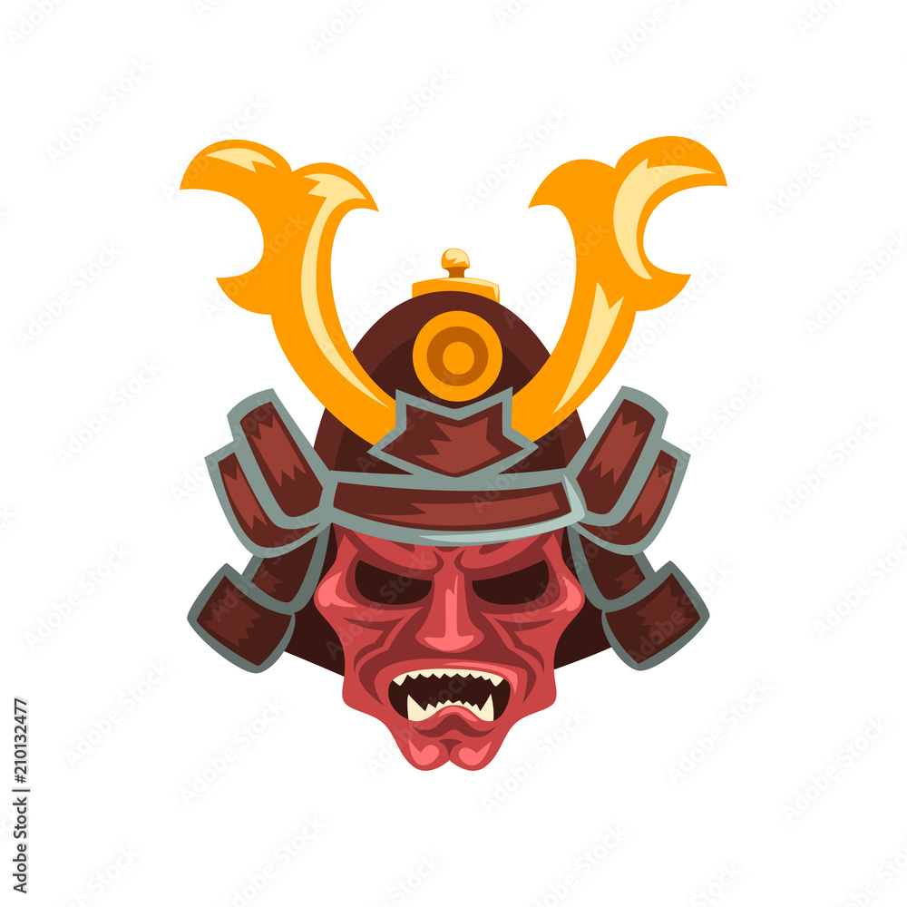Obraz premium Ancient Samurai warrior war helmet with horns vector Illustration on a white background