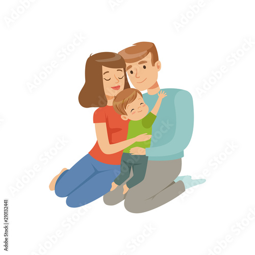 Parents embracing their son, mother and father sitting on the floor with kid, happy family concept vector Illustration on a white background