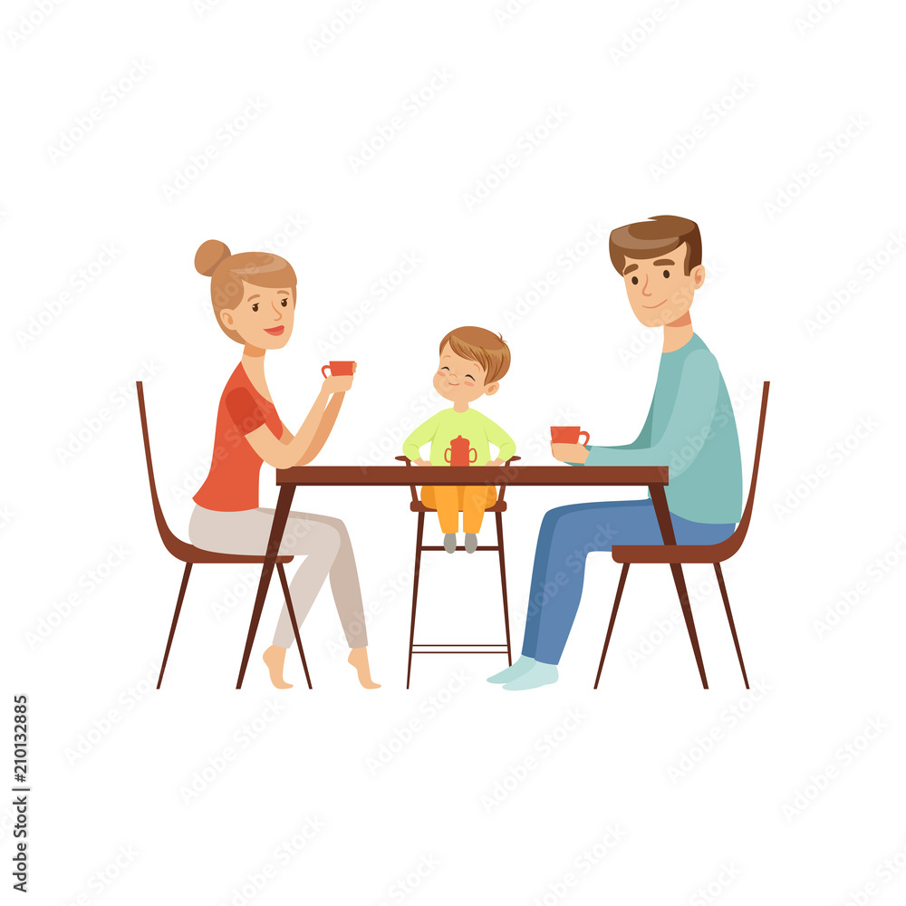 Mom, dad and their son sitting at the table and drinking tea, happy family and parenting concept vector Illustration on a white background Mom, dad and their son sitting at the table and drinking tea, happy family and parenting concept vector Illustration on a white background